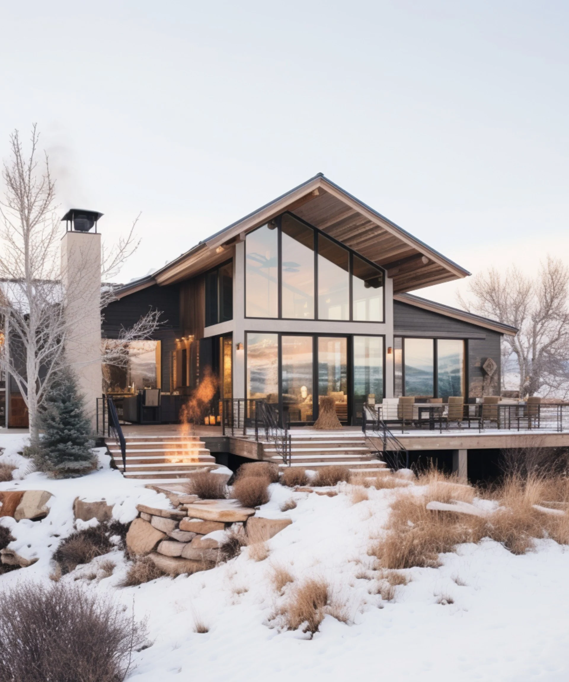 Modern Montana home with large glass windows and snow-covered landscape — buy your Western Montana home with MT Lux Real Estate.