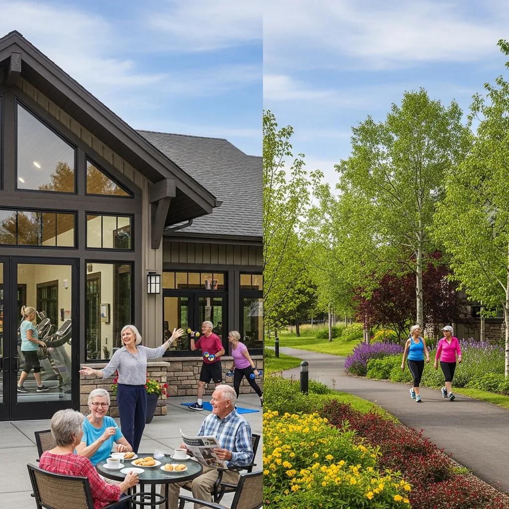 Amenities in an active adult neighborhood in Florence MT, showcasing a clubhouse and fitness center