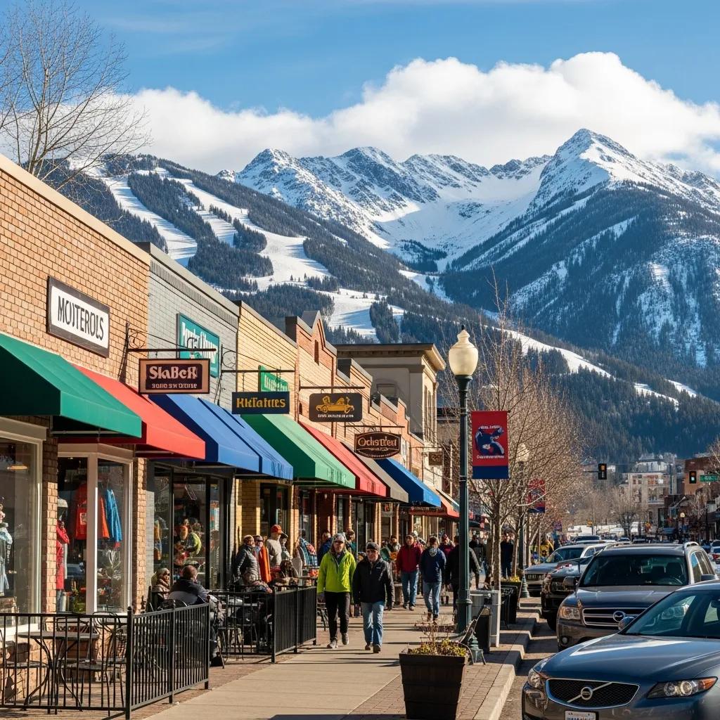 Charming downtown Whitefish, Montana with shops and Whitefish Mountain Resort in the background