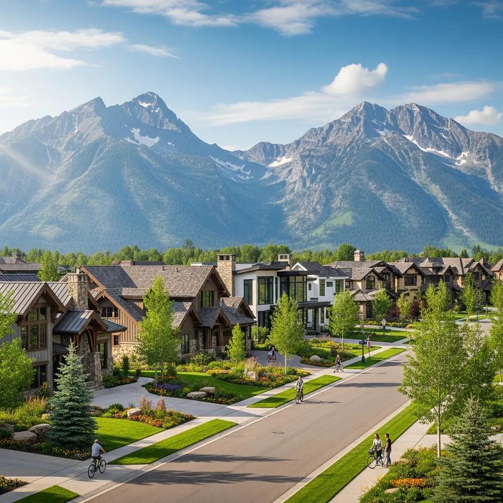 Elegant luxury homes in a Montana neighborhood, showcasing high-end living and scenic beauty