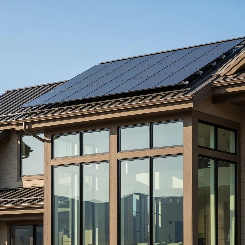 Energy-efficient features in a luxury Montana home, showcasing solar panels and high-performance windows