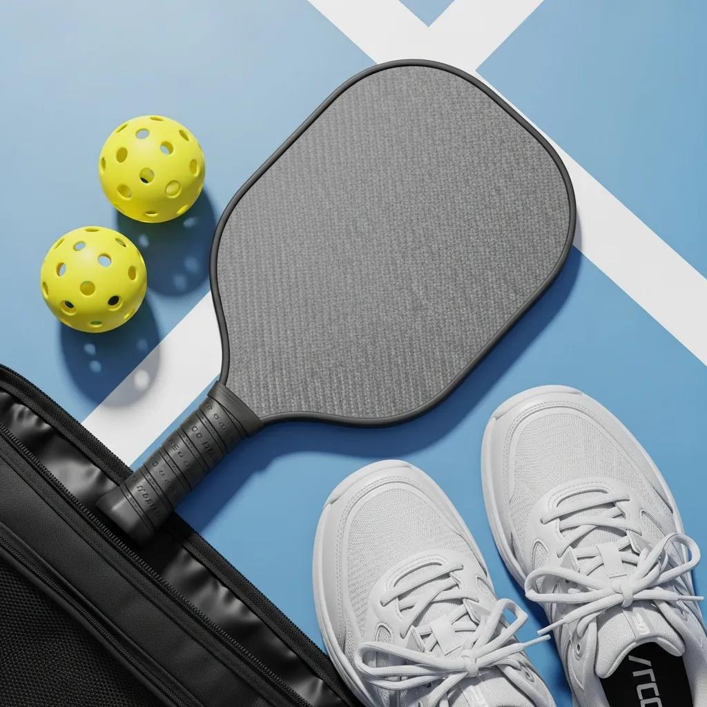 Essential pickleball equipment including paddle, balls, and footwear