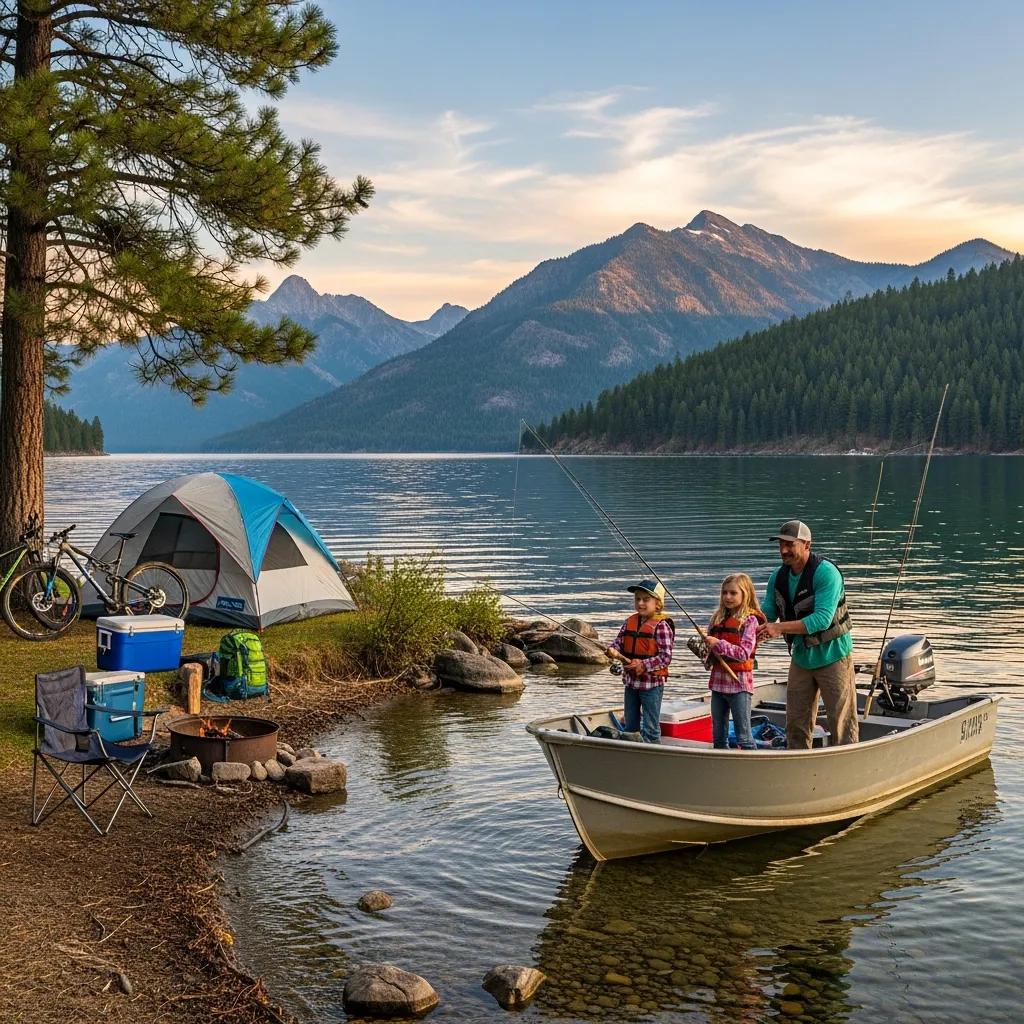 Family fishing at Flathead Lake with camping setup, illustrating outdoor activities in Saint Ignatius