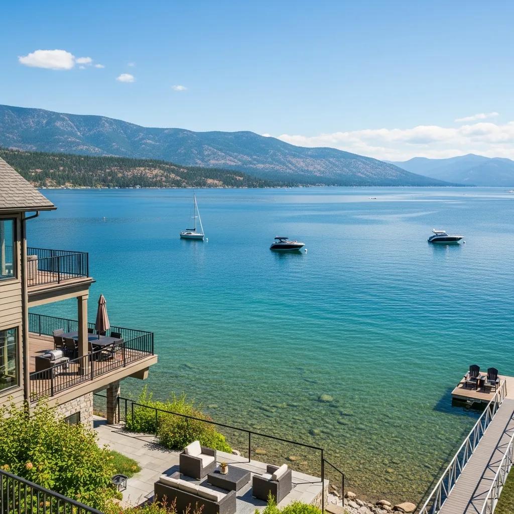 Flathead Lake with luxury homes and scenic mountain views