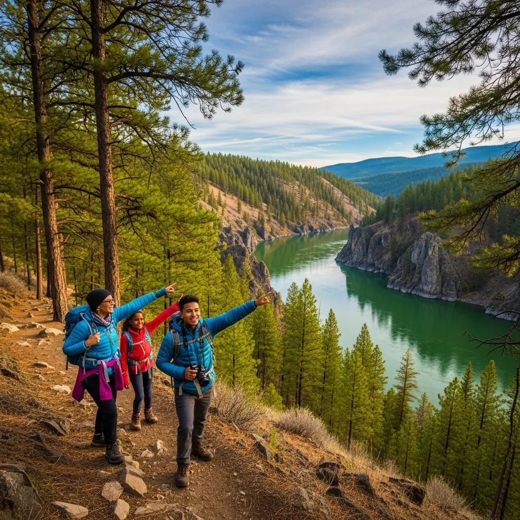 Hikers on Thompson Falls Park Trail near Plains, MT, enjoying the scenic views