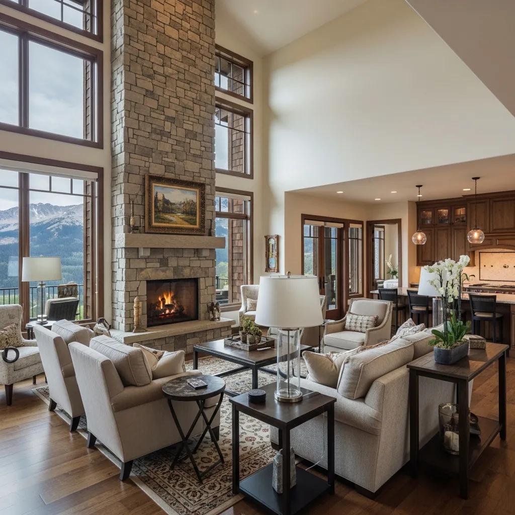 Luxurious interior of a ski home in Montana with spacious living area and mountain views