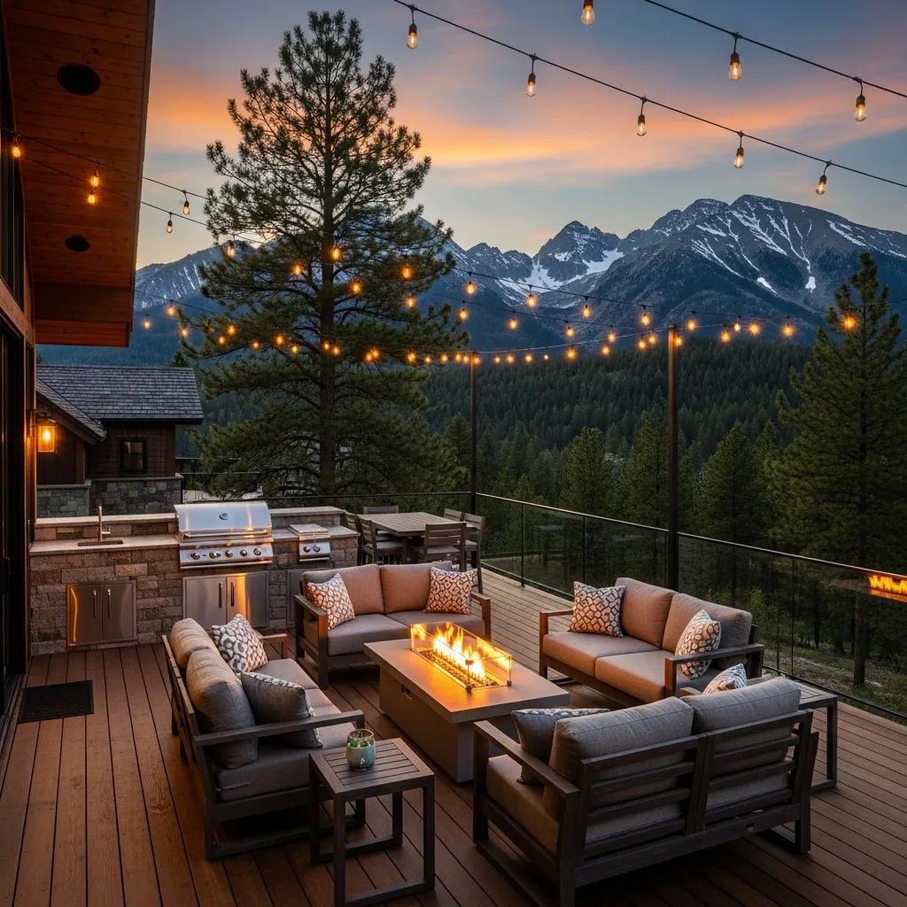 Luxurious outdoor living space in Montana with a deck, outdoor kitchen, and fire pit