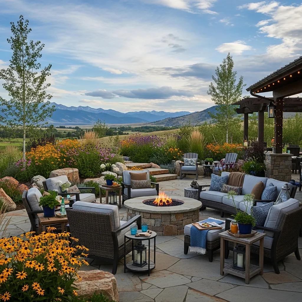 Luxurious outdoor living space with patio and fire pit in a Montana ranch