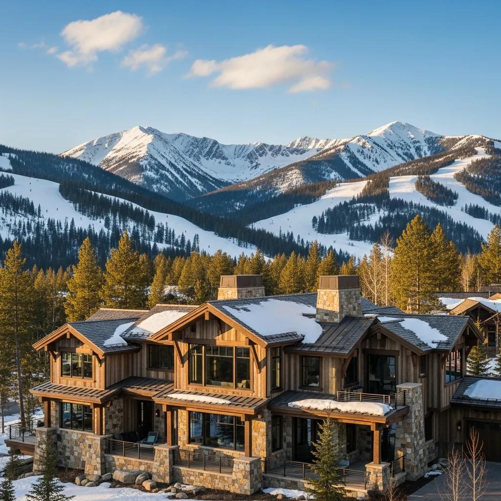 Luxury mountain home in Whitefish, showcasing modern architecture against a backdrop of snow-capped mountains