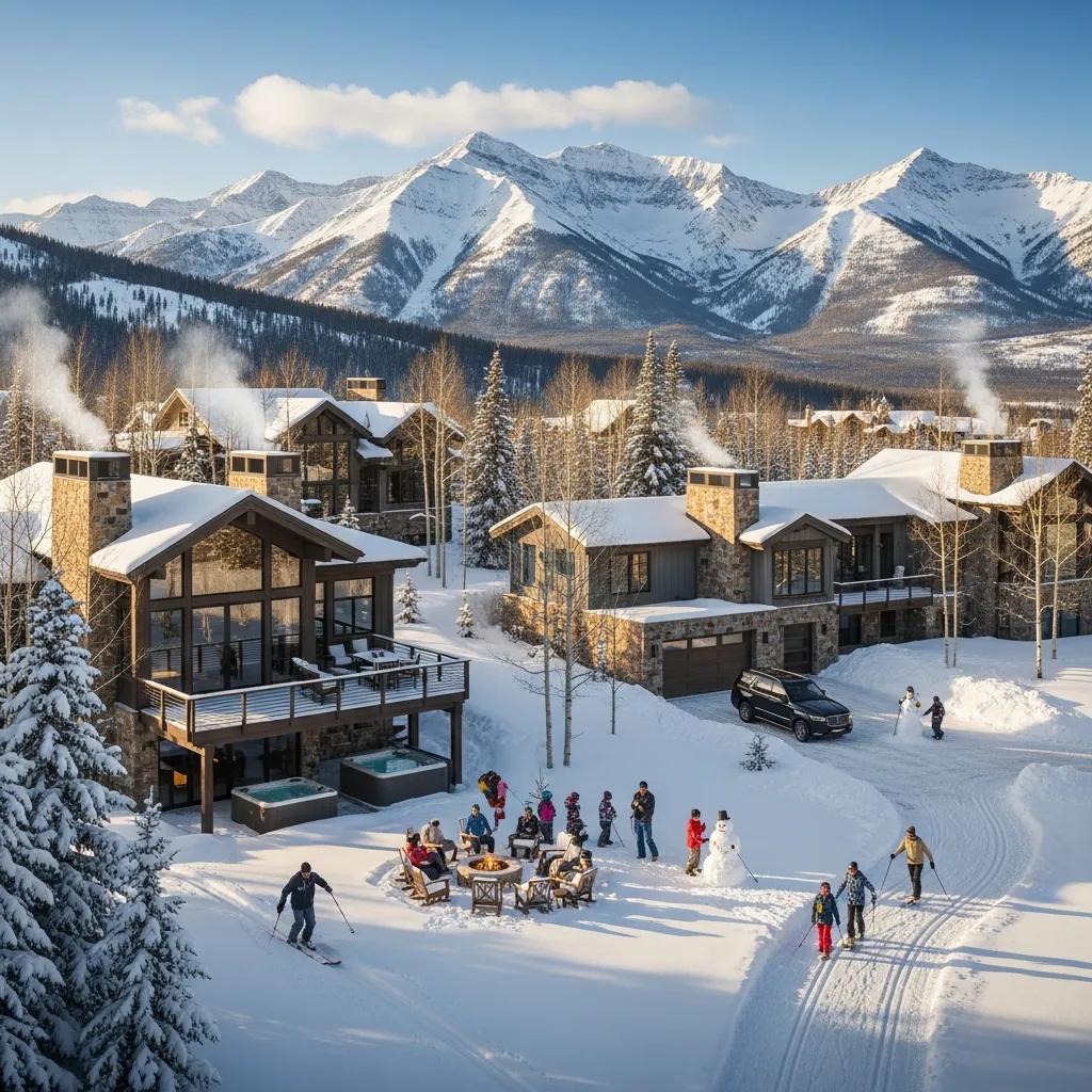 Luxury mountain homes in Big Sky with snow-capped peaks and winter activities