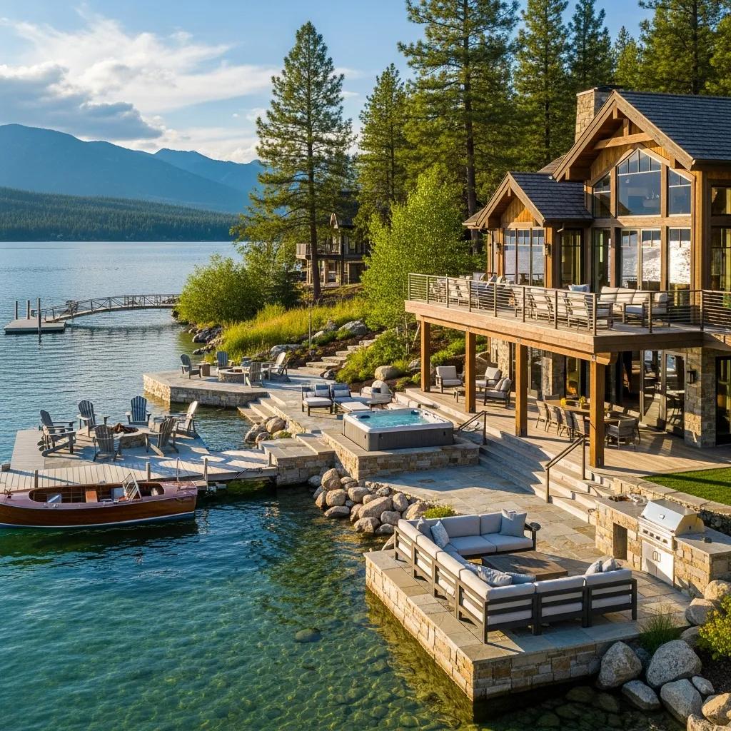 Luxury waterfront estate on Whitefish Lake, highlighting serene views and elegant outdoor living spaces