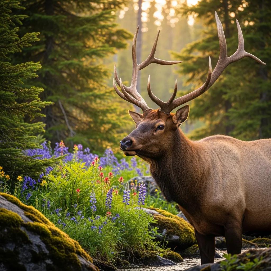 Majestic elk in a lush Montana forest, representing wildlife sightings on hiking trails in Saint Ignatius