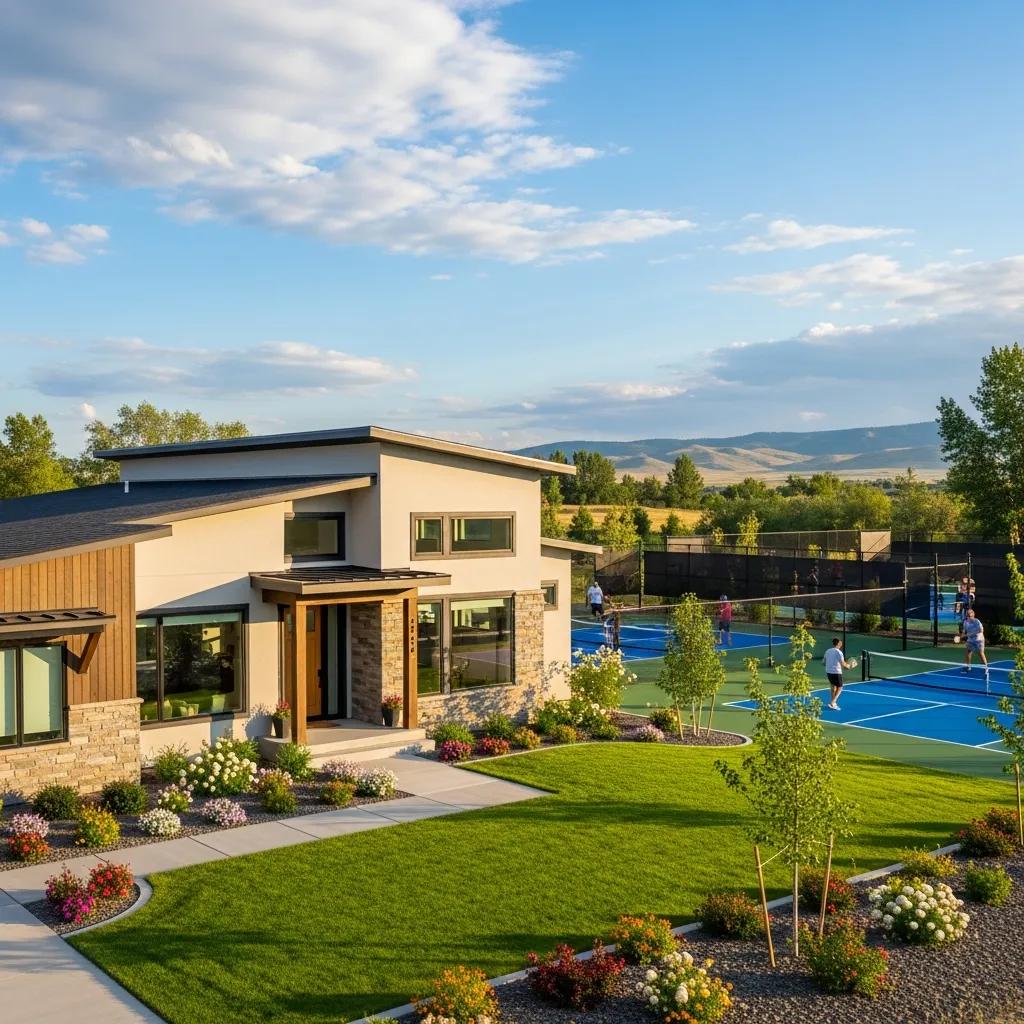 Modern single-family home near pickleball courts in Belt, Montana, illustrating real estate opportunities in the area