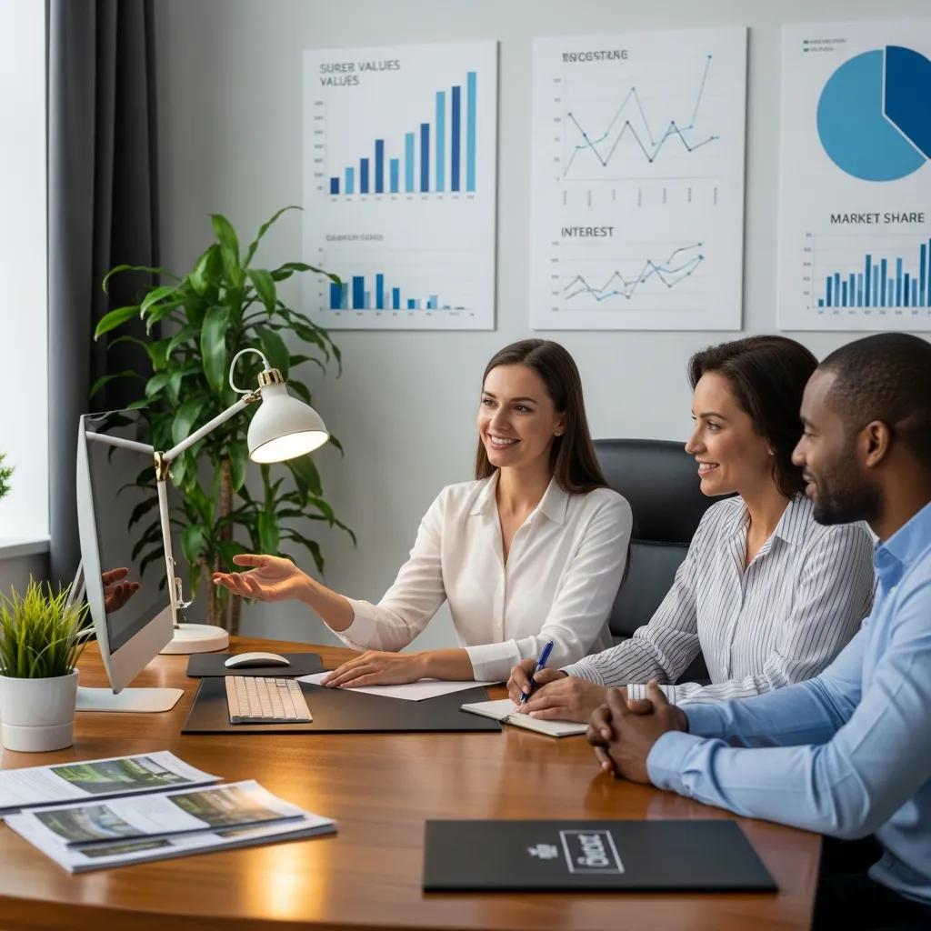 Real estate agent discussing market trends with clients in an office