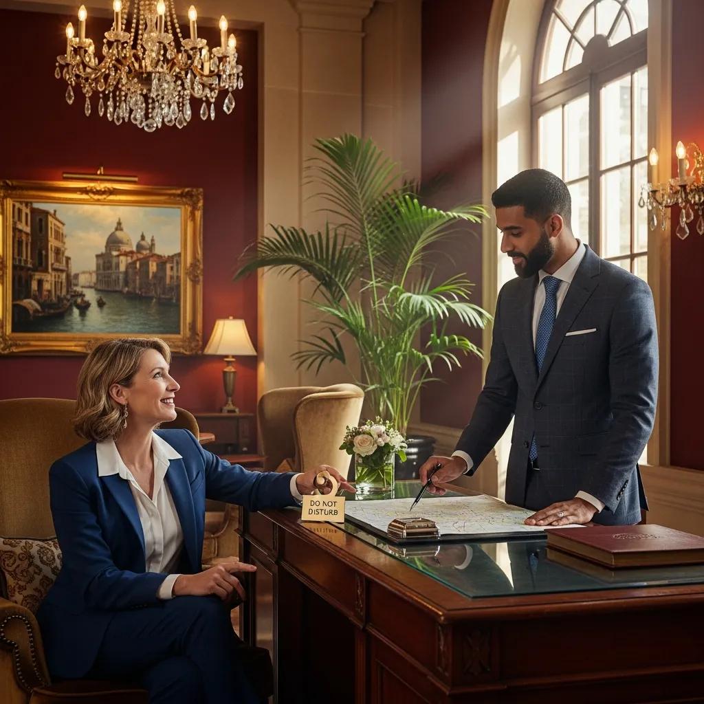 Satisfied client receiving personalized service from a concierge in a luxurious setting