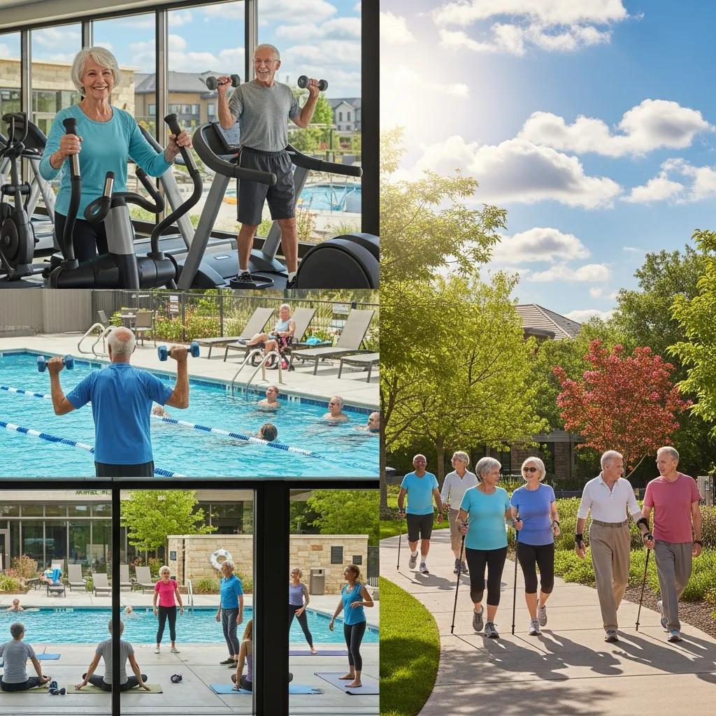Seniors engaging in activities in a 55+ community, showcasing fitness, swimming, and walking trails