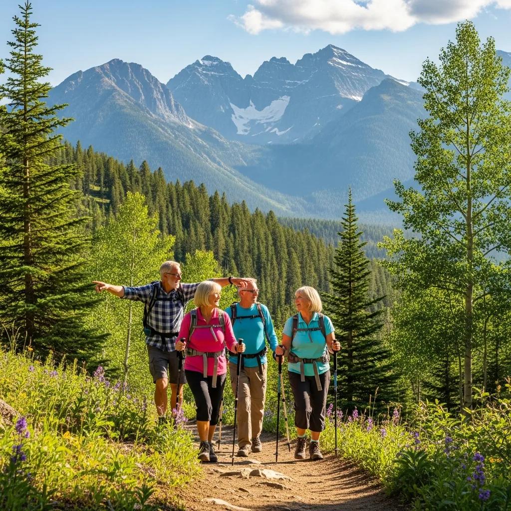 Seniors hiking in the mountains near Lolo, Montana, enjoying the natural beauty and outdoor lifestyle